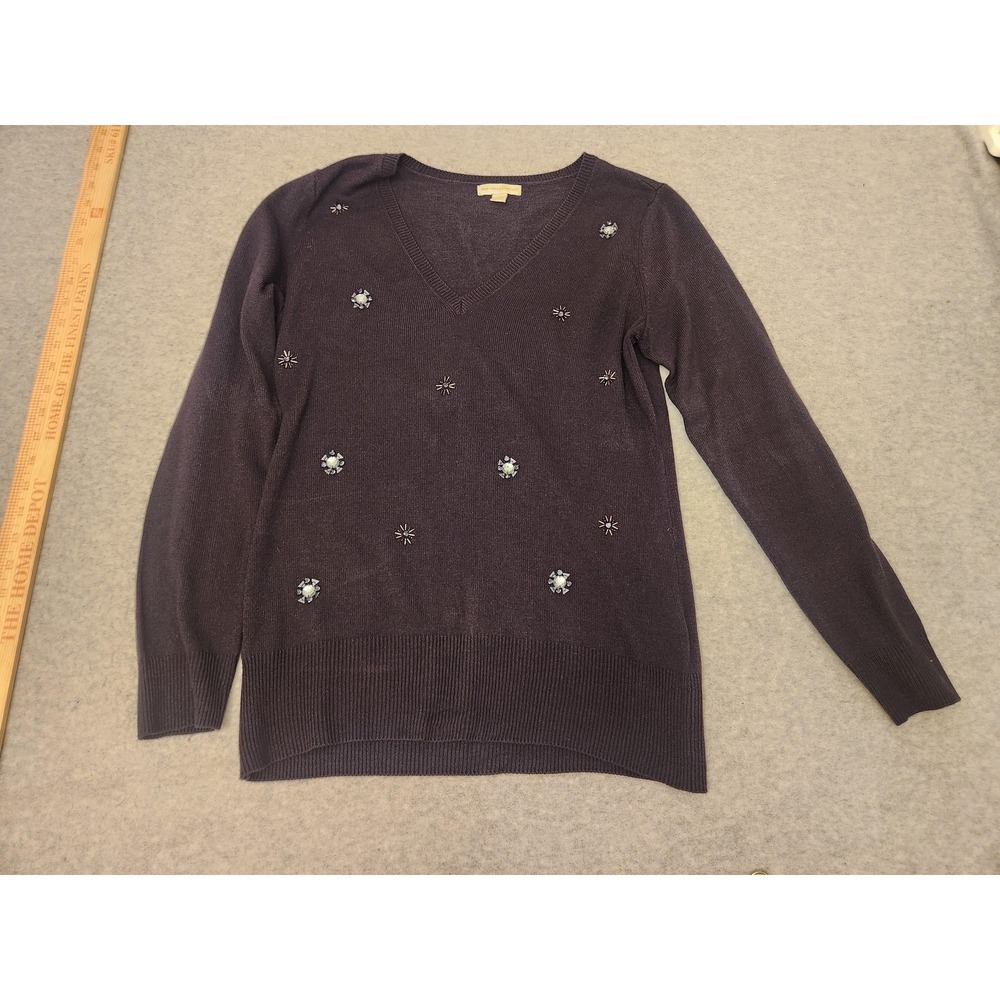 New York & Company Sweater Womens Medium Purple V Neck Embellished Rhinestone